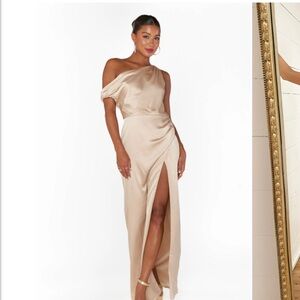 Show Me Your MuMu One-Shoulder Jodie Dress in Champagne Luxe Satin